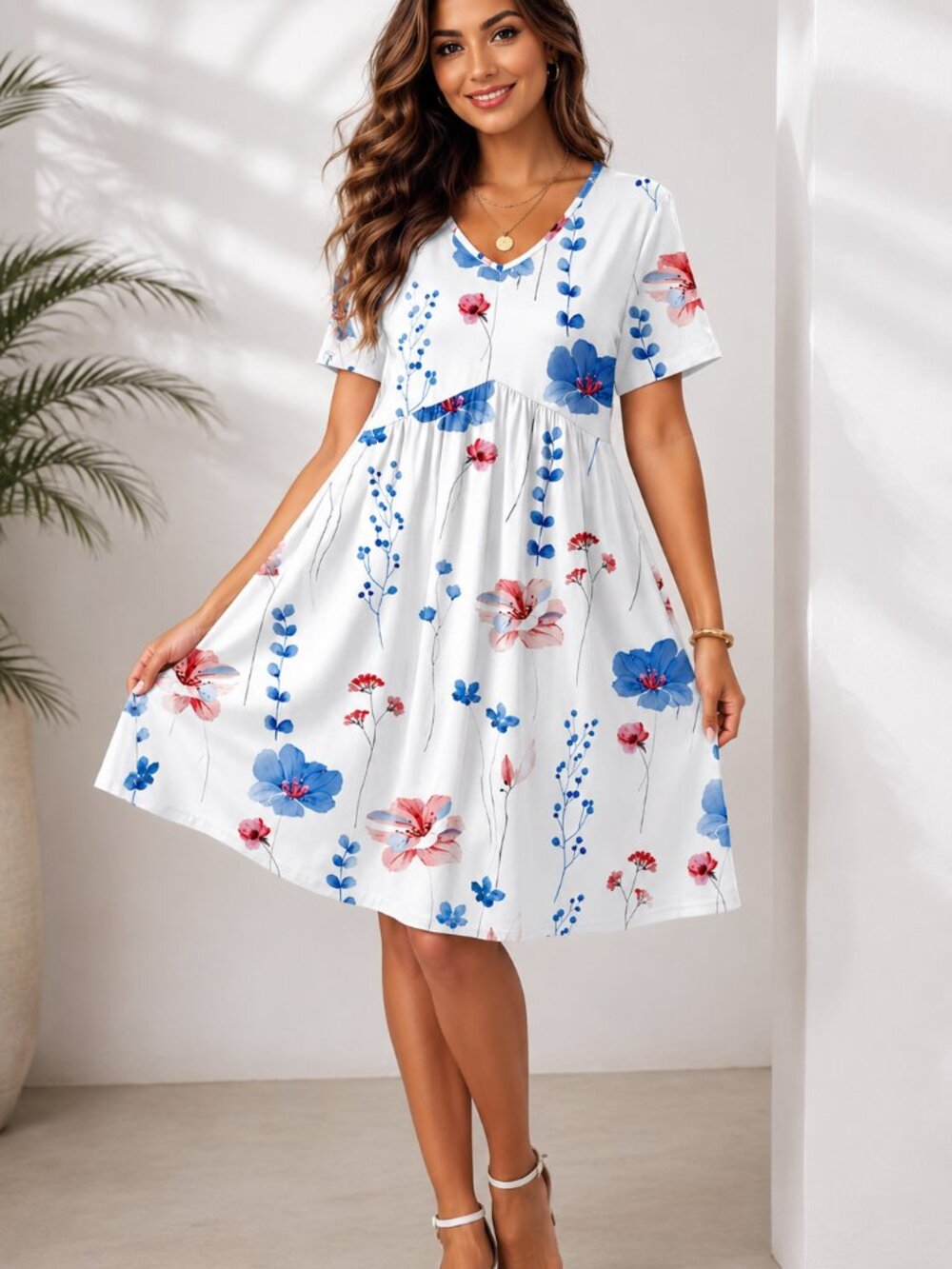 Women Floral V Neck Short Sleeve Midi Dress w/ Pockets, Size L, Pink-Blue-Floral